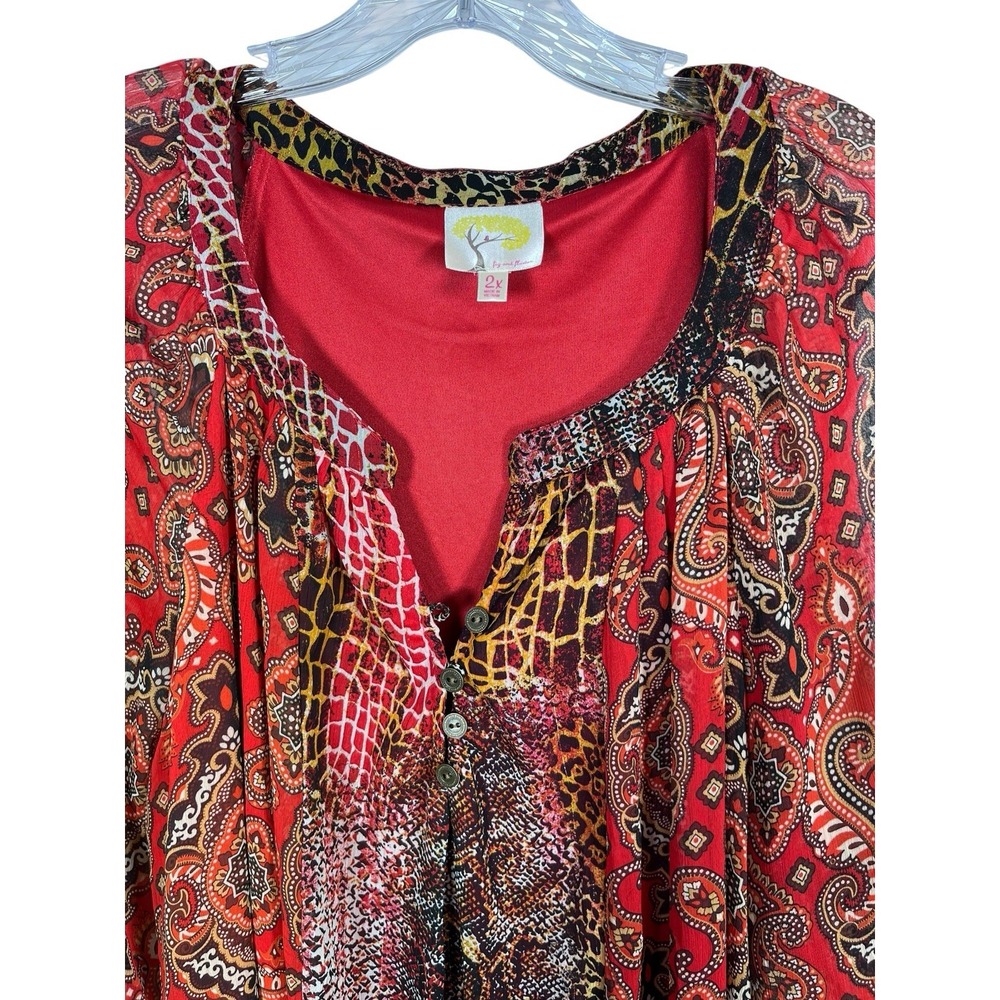 FIG & FLOWER Sz 2X Top Sheer Boho Red Paisley Snakeskin Print Peasant Blouse Tie - Picture 2 of 9